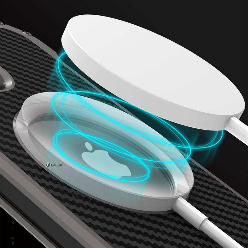 Animation illustrating fast MagSafe wireless charging compatibility with the built-in magnetic ring on the Xman Carbon Fiber iPhone case.