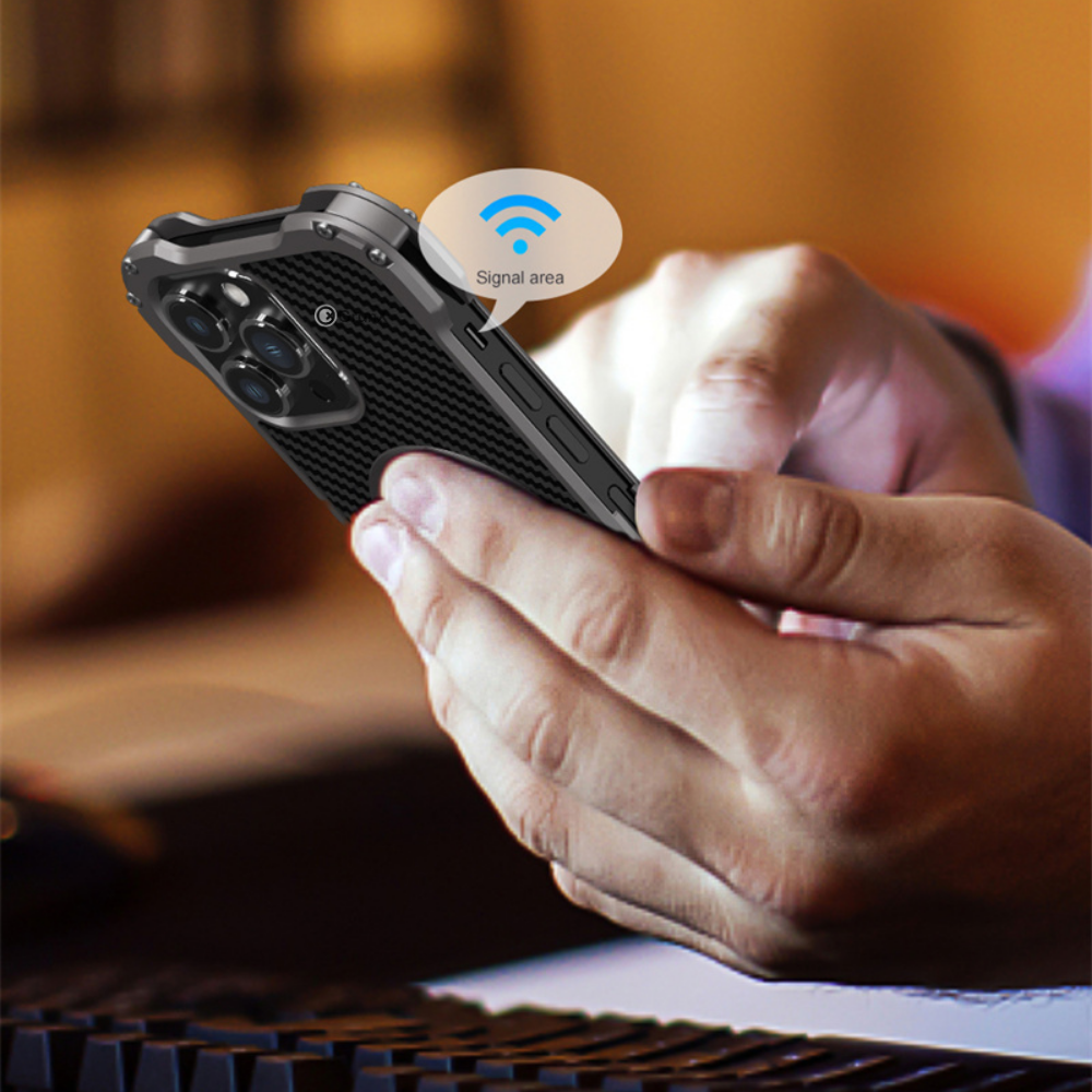 Person holding the Xman Magnetic Carbon Fiber Case for iPhone 14 Pro Max, showcasing the MagSafe compatibility and anti-slip grip.