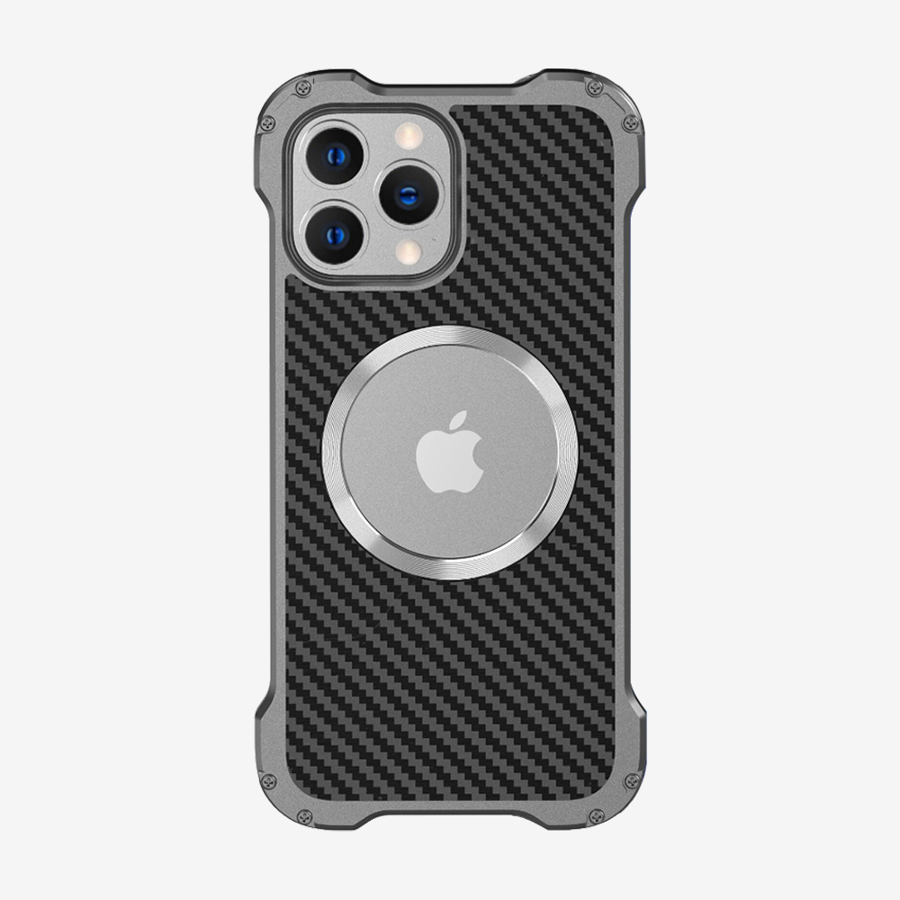 Detailed view of the premium carbon fiber backplane texture and protective aluminum alloy frame of the Xman iPhone case, emphasizing quality and camera safety.