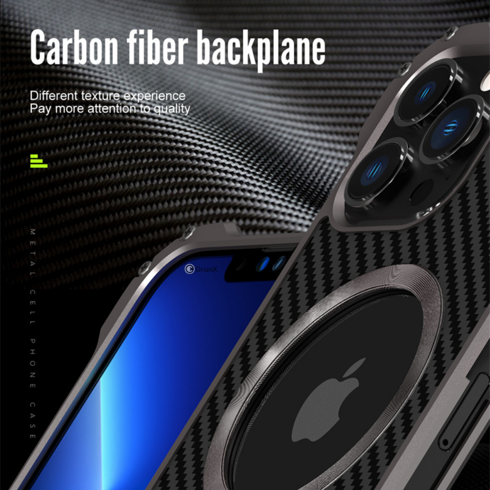 Dual view of the Xman Aluminum Alloy Carbon Fiber shockproof case, displaying front bezel protection and magnetic backplate for iPhone 15.