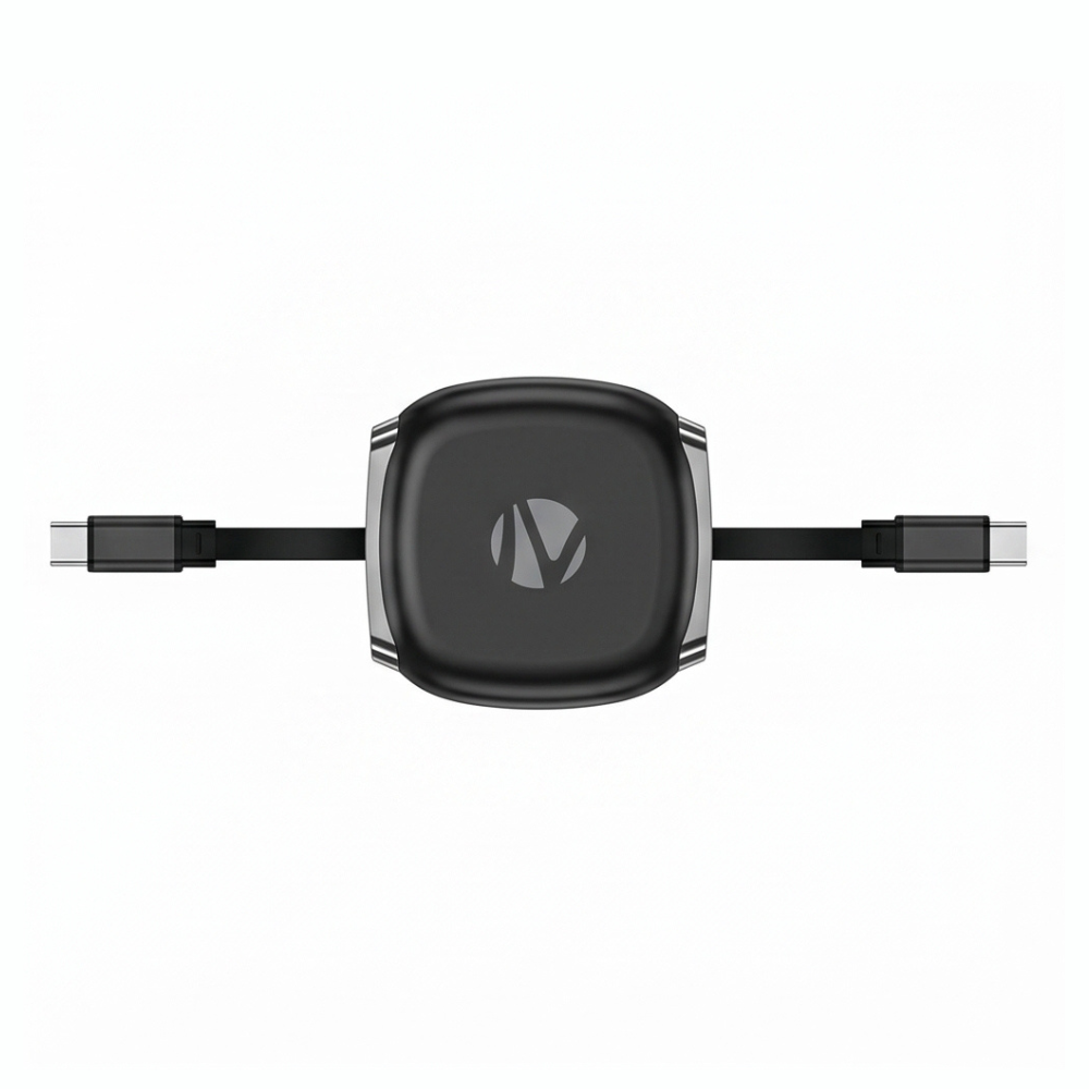 USB-C cable organizer with dual-port design and retractable cables arranged in flat configuration for travel and storage