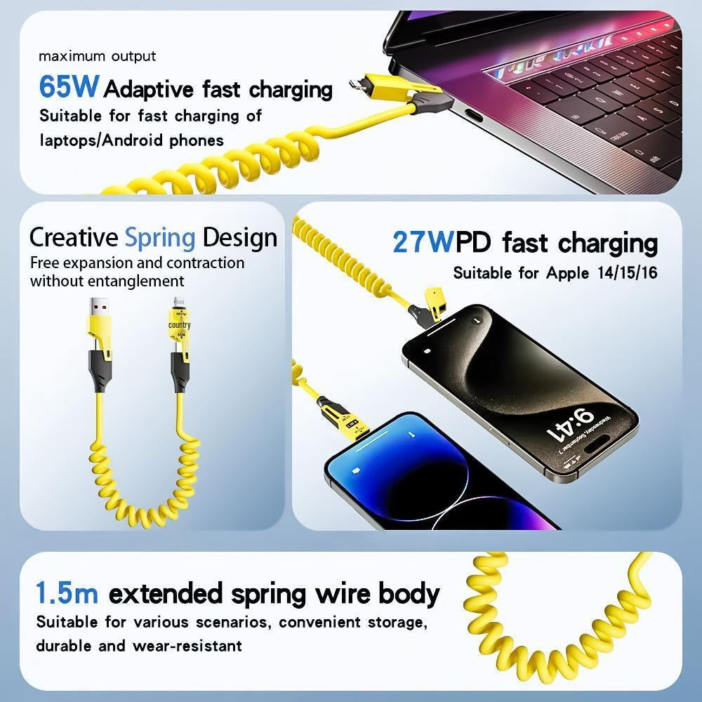 (4-in-1, Type C, PD 65W, Fast Charging, Spring Cable, iPhone 16/15, USB A, Lightning, Data Transfer) PD 65W Fast Charging USB to Type-C Cable with Lightning/Micro/USB-A Adapters, 480Mbps Data Transfer, Multi Adjustable Charger for iPhone 16/15 & Android