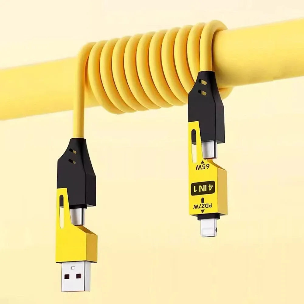 (4-in-1, Type C, PD 65W, Fast Charging, Spring Cable, iPhone 16/15, USB A, Lightning, Data Transfer) PD 65W Fast Charging USB to Type-C Cable with Lightning/Micro/USB-A Adapters, 480Mbps Data Transfer, Multi Adjustable Charger for iPhone 16/15 & Android