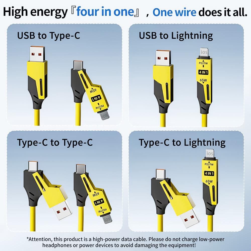 (4-in-1, Type C, PD 65W, Fast Charging, Spring Cable, iPhone 16/15, USB A, Lightning, Data Transfer) PD 65W Fast Charging USB to Type-C Cable with Lightning/Micro/USB-A Adapters, 480Mbps Data Transfer, Multi Adjustable Charger for iPhone 16/15 & Android