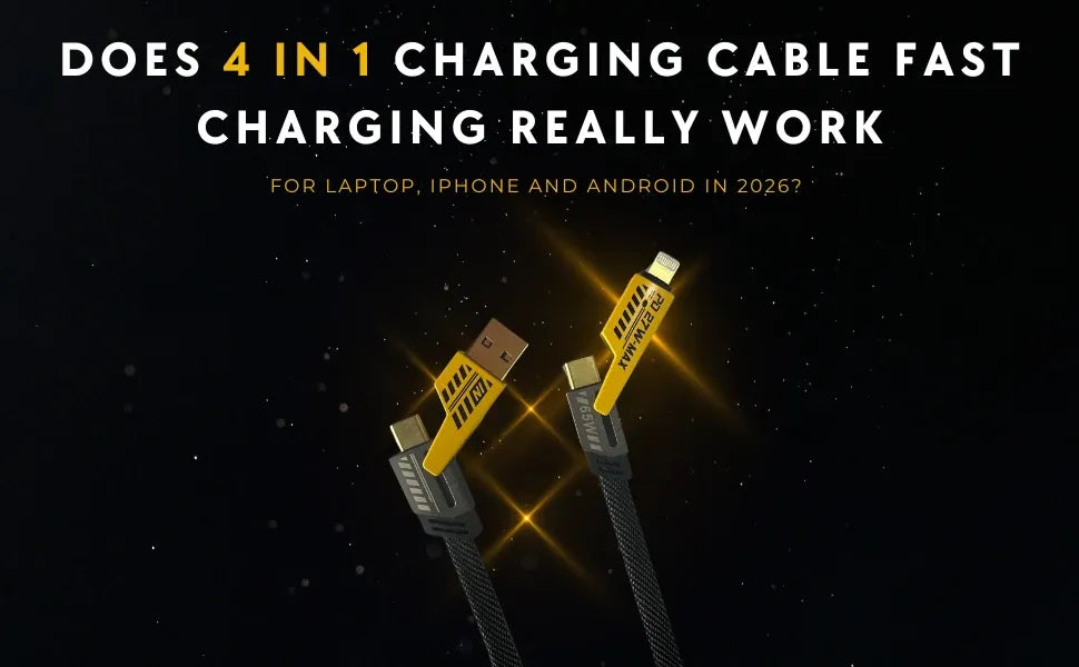 GrunX INBAE 4-in-1 fast charging cable for laptop, iPhone, and Android with USB-A, USB-C, and Lightning connectors. 