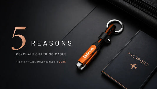GrunX Sonic 6 in 1 keychain charging cable in orange braided design with USB-C connector and passport travel charging cable India 2026