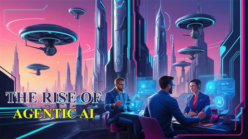 Agentic AI concept showing autonomous digital agents, human collaboration, futuristic workspace and artificial intelligence transforming modern work