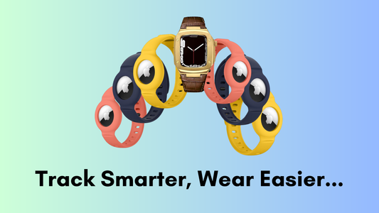 Silicone watch band for Apple AirTag worn on wrist showing secure fit, colorful design and protective holder for tracking pets bags and daily items