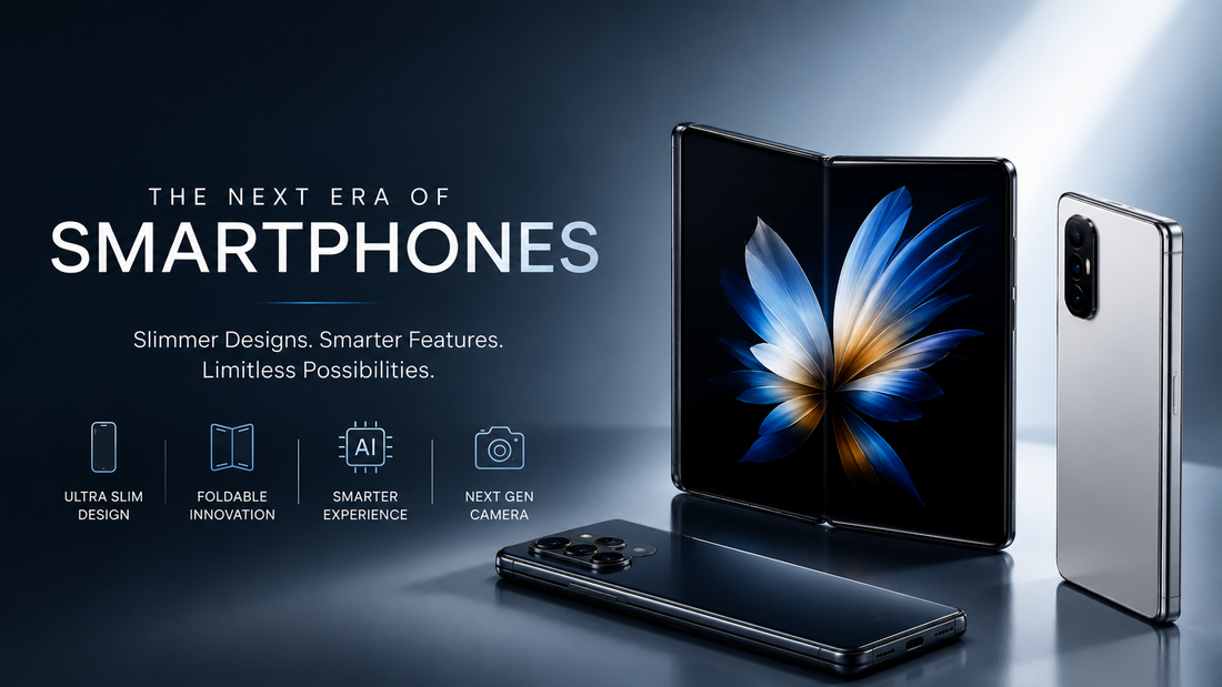 Foldable phone and slim AI smartphone with icons for ultra slim design, foldable innovation, AI features and next-gen camera