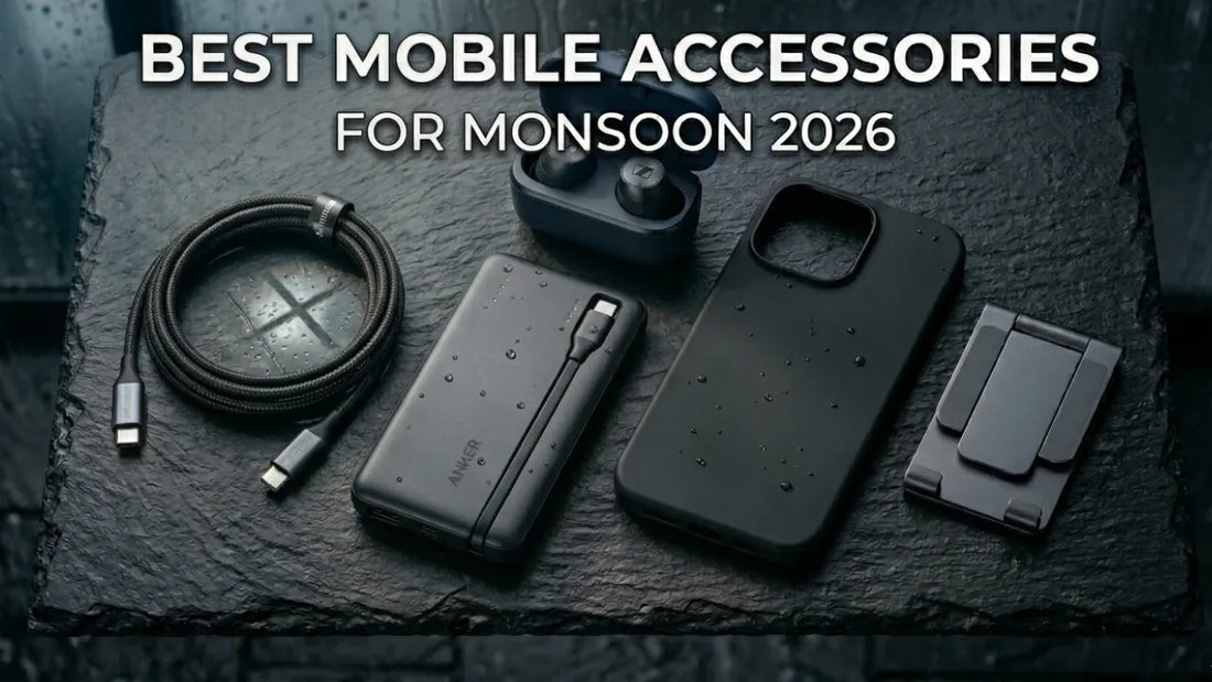 Flat lay of premium mobile accessories including a braided USB-C cable, portable power bank, wireless earbuds, and phone case on a wet slate surface with text 'Best Mobile Accessories for Monsoon 2026