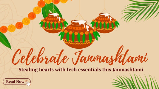 “Janmashtami creative showing Krishna as modern makhan chor with tech gadgets and mobile accessories available at GrunX” “Festive Janmashtami design featuring butter pot and tech essentials like charging cables and phone mounts from GrunX”