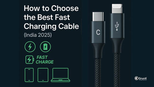 Fast charging cable setup showing USB-C cable, multi device connectors, high watt charging and durable braided design for smartphones and gadgets