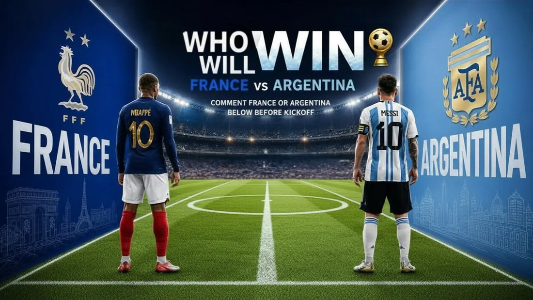 FIFA World Cup 2026 mid-tournament predictions featuring France vs Argentina as potential finalists inside a football stadium tunnel with championship-themed artwork.