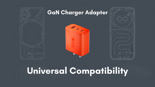GaN charger with compact design charging multiple devices including smartphone laptop and tablet showing fast efficient modern charging technology