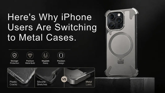 Premium metal MagSafe-compatible iPhone case with reinforced corner protection, durable aluminum frame, and sleek metallic finish highlighting why users are switching from plastic and silicone phone cases.