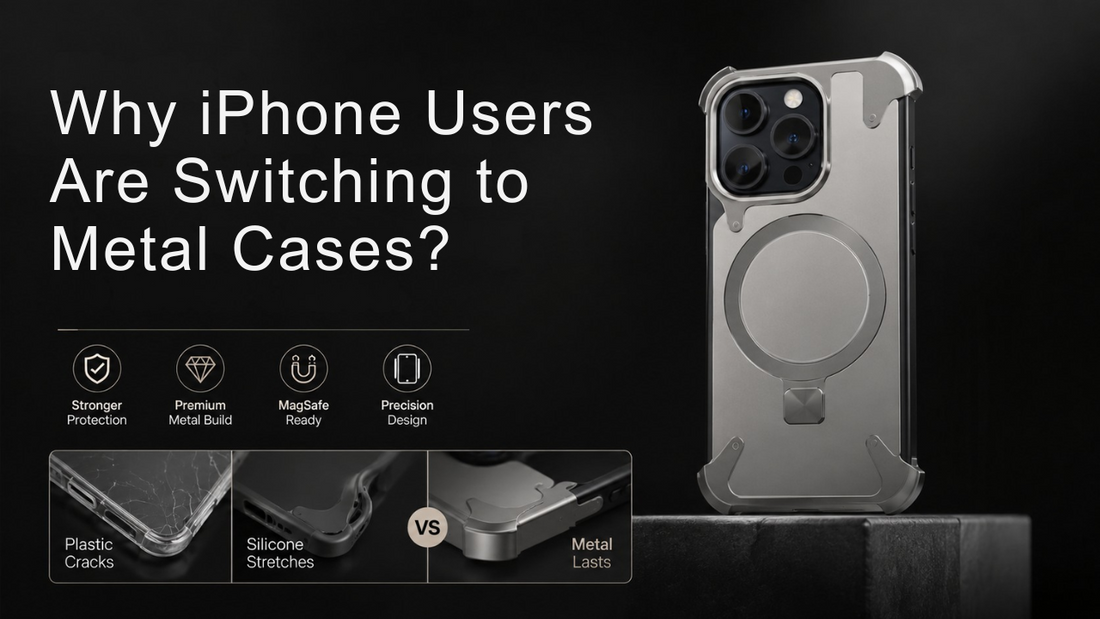 Premium metal MagSafe-compatible iPhone case with reinforced corner protection, durable aluminum frame, and sleek metallic finish highlighting why users are switching from plastic and silicone phone cases.