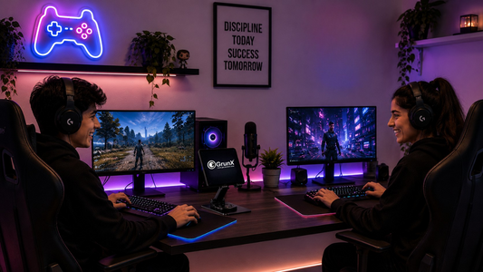 Aesthetic dual gaming setup with Gen Z gamers using RGB desktop PCs, neon LED gaming room lights, mechanical keyboards, gaming mousepads, and fast charging tech accessories in a modern creator-style workspace by GrunX. 