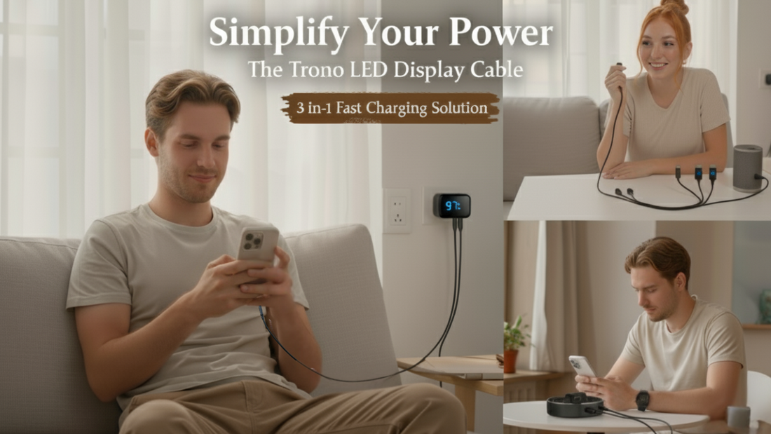 Trono LED Display Cable 3-in-1 fast charging cable with battery percentage display being used to charge iPhone and multiple devices at home