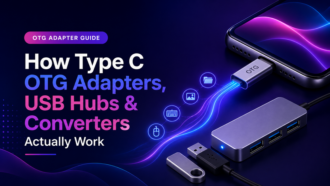 Type-C OTG adapter, USB hub, and USB converter guide banner showing smartphone connectivity, data transfer accessories, USB flash drive, and multiport hub with glowing digital connection lines on a modern technology background. 