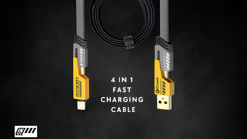 GrunX INBAE 4-in-1 fast charging flat braided cable with USB-A and multi-connector ends