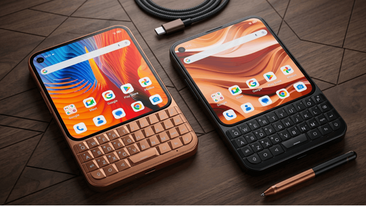 Unihertz Titan 2 Elite smartphone in orange and black colors with physical QWERTY keyboard displayed at MWC 2026