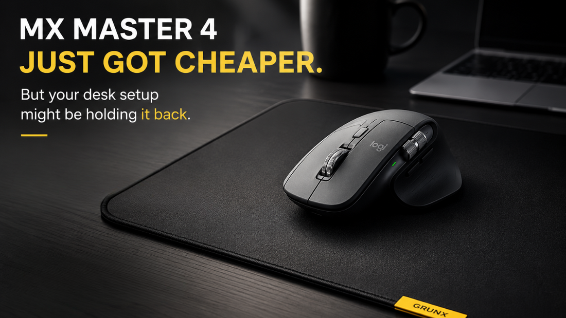 Logitech MX Master 4 wireless mouse on a premium black mouse pad highlighting the best mouse pad for precision and productivity.