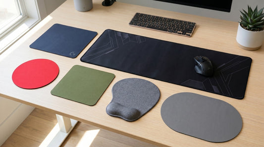 Different shapes of mouse pad displayed on a wooden desk including rectangular, square, circular, oval, ergonomic wrist support, and extended gaming mouse pad in navy blue, red, olive green, grey, and black colours at GRUNX India.