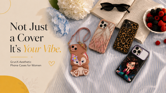 GrunX aesthetic phone cases for women featuring floral, leopard print, cartoon, and cute crossbody iPhone cases in a premium lifestyle flat lay setup.
