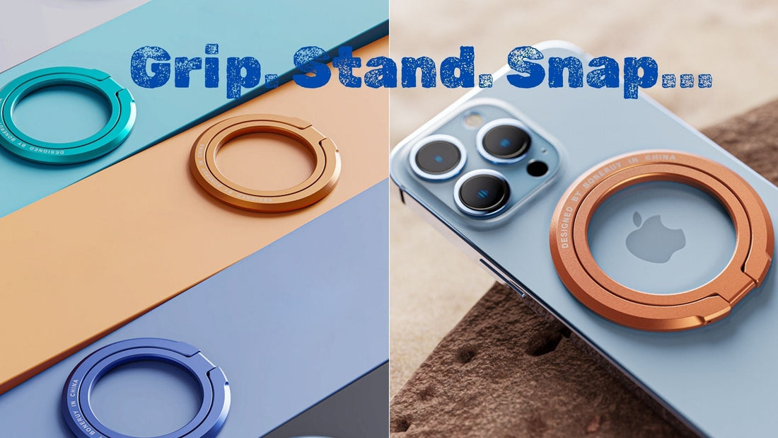 Magnetic Aluminium Ring Phone Holder Stand with 360° rotating base and foldable design for hands-free smartphone use