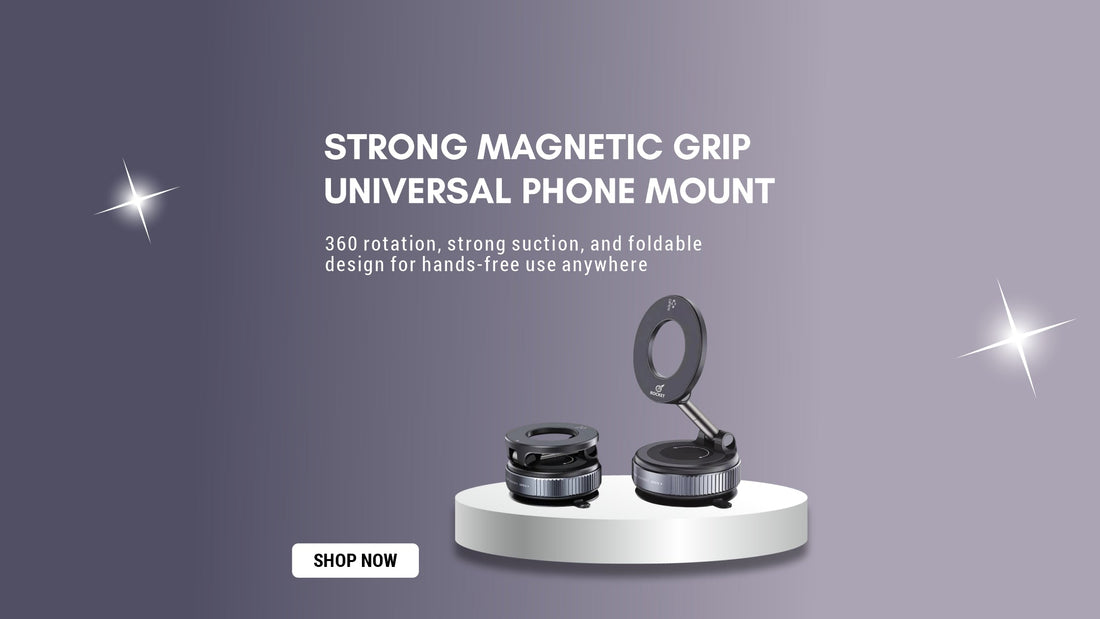 GrunX MagGrip magnetic phone mount with vacuum suction base attached to desk and car dashboard for hands-free use