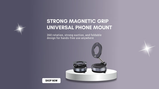 GrunX MagGrip magnetic phone mount with vacuum suction base attached to desk and car dashboard for hands-free use
