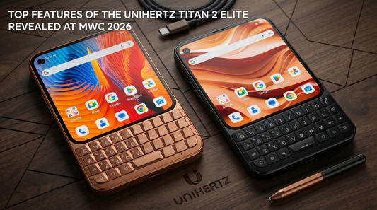 Unihertz Titan 2 Elite smartphone in orange and black colors with physical QWERTY keyboard displayed at MWC 2026