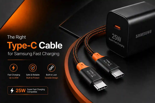 Samsung fast charging Type C cable, highlighting its design for optimal performance and quick device charging.