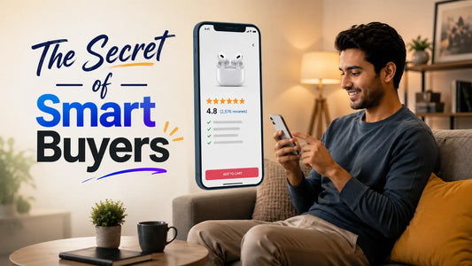 Smart buyer checking customer reviews and warranty before purchasing mobile accessories online, featuring a smartphone product page in a premium home setting with charging accessories and tech gadgets.