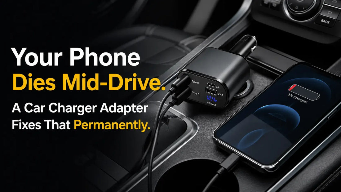 Car charger adapter charging a smartphone inside a car with dual USB Type-C ports for fast charging during travel, available at GrunX. 