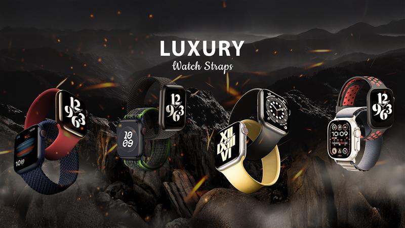 Apple Watch bands collection showing sport, leather, metal and nylon straps with different styles and sizes for everyday use and fashion
