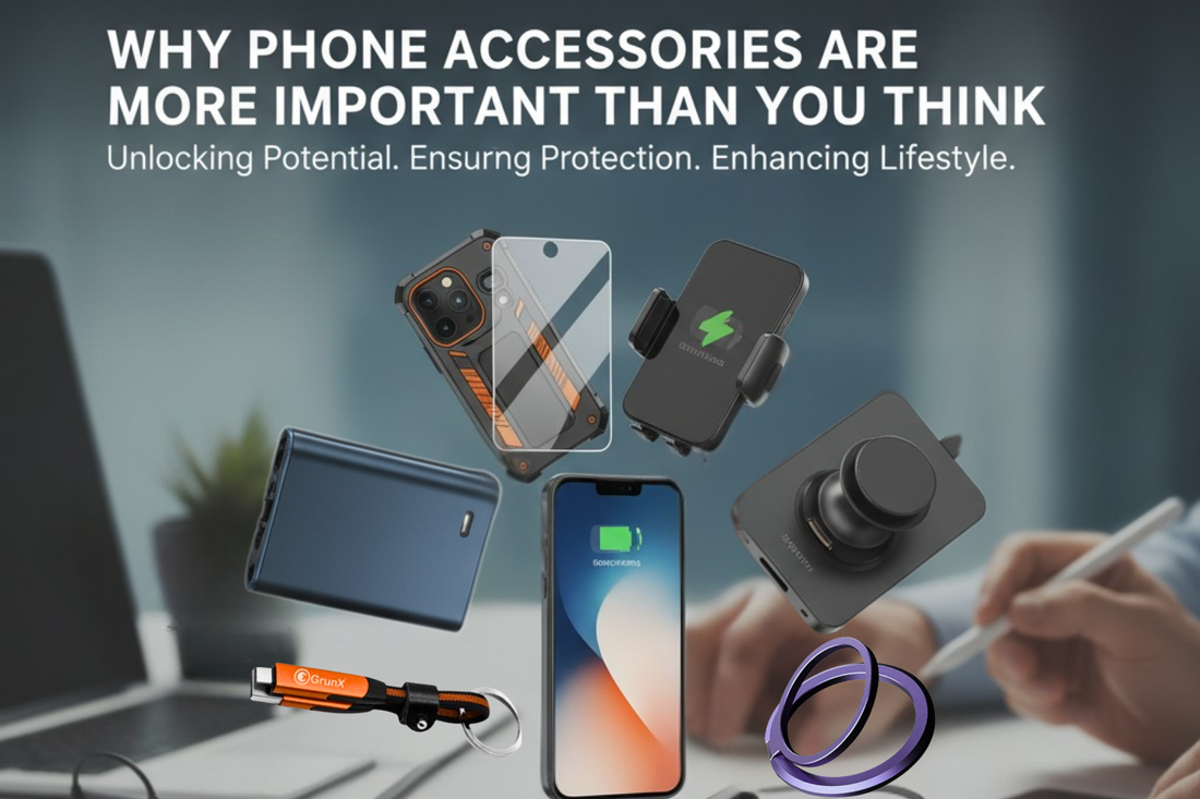 why phone accessories matter showing GrunX fast charging cables phone cases and watch straps built for everyday use in India