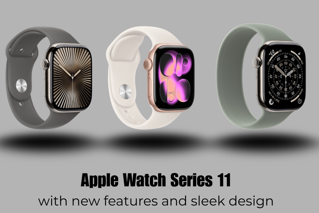 Apple Watch Series 11 review banner showing slimmer design, AI health tracking features, brighter always-on display and India price of ₹45,900 on GrunX