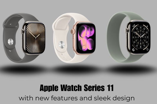 Apple Watch Series 11 review banner showing slimmer design, AI health tracking features, brighter always-on display and India price of ₹45,900 on GrunX