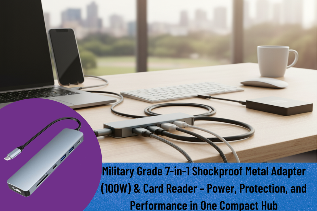 Military Grade 7-in-1 Shockproof Metal Adapter (100W) & Card Reader – Power, Protection, and Performance in One Compact Hub