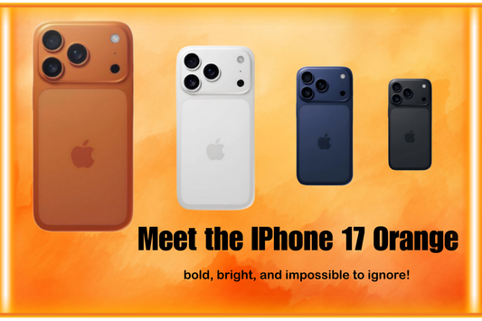  iPhone 17 Orange color banner showing Apple's bold new flagship with A18 Bionic chip, iOS 19 and India price details on GrunX