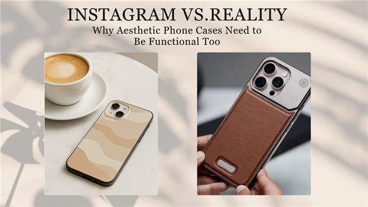 Side by side comparison of an aesthetic Instagram phone case and a functional protective GrunX iPhone case showing style meets protection