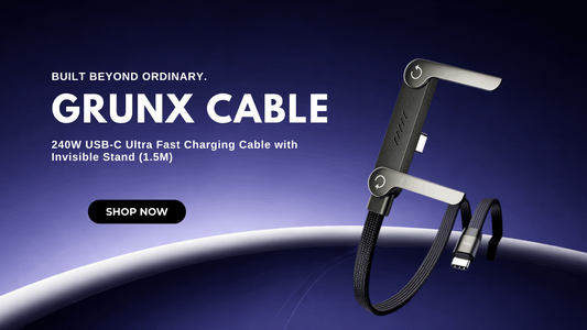 Grunx 240W USB-C ultra fast charging cable with invisible phone stand  1.5M - Built Beyond Ordinary product banner