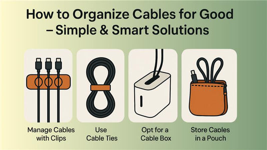 Organized cable setup with cable clips, sleeves and neatly arranged charging wires on desk showing clean and clutter free workspace