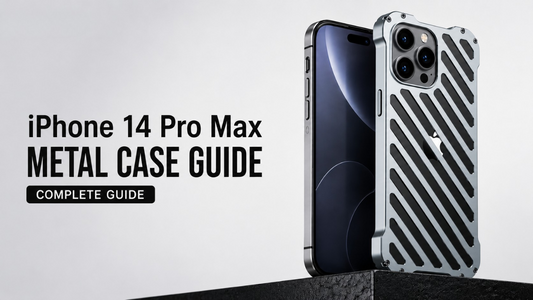 iPhone 14 Pro Max metal case guide showing a premium aluminum protective case with military-style design for Apple iPhone 14 Pro Max, complete buying guide on a clean minimalist background.