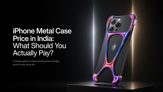 iPhone metal case with iridescent purple-gold bumper frame on black iPhone price guide for India