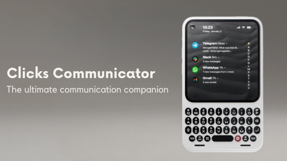 Clicks Communicator phone showing physical QWERTY keyboard, compact display, messaging-focused interface, and distraction-free communication design concept