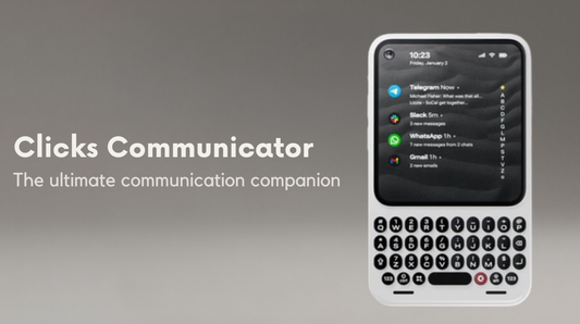 Clicks Communicator phone showing physical QWERTY keyboard, compact display, messaging-focused interface, and distraction-free communication design concept