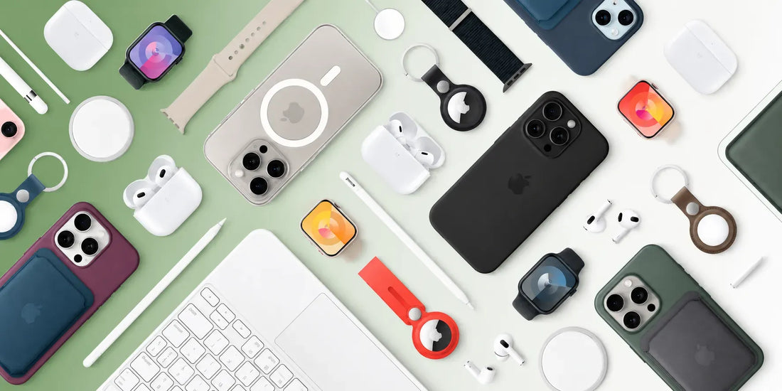 Premium mobile phone accessories flat lay featuring smartphone cases, wireless earbuds, smartwatches, charging pads, stylus pens, and MagSafe accessories arranged on a green-to-white gradient background.