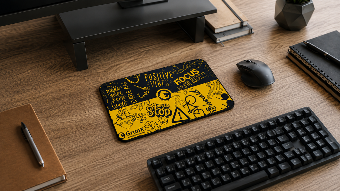 GrunX black and yellow mouse pad with positive vibes focus quotes for gaming desk setup